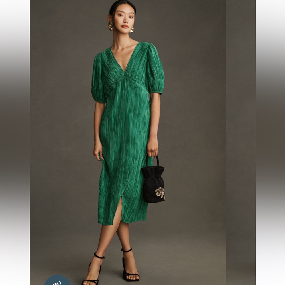 Anthropologie Green Sheath Midi Dress with Puff Sleeves
